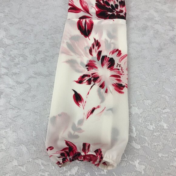 DKNY Floral Cream & Pink Long Sleeve Sheer Bow Tie Front Pullover Blouse Size PM - Picture 8 of 13